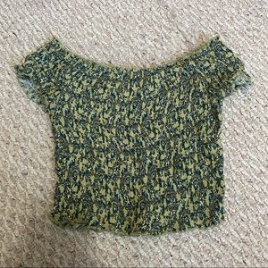 Earthbound Green and Blue Printed Off the Shoulder Cropped Scrunchie Top